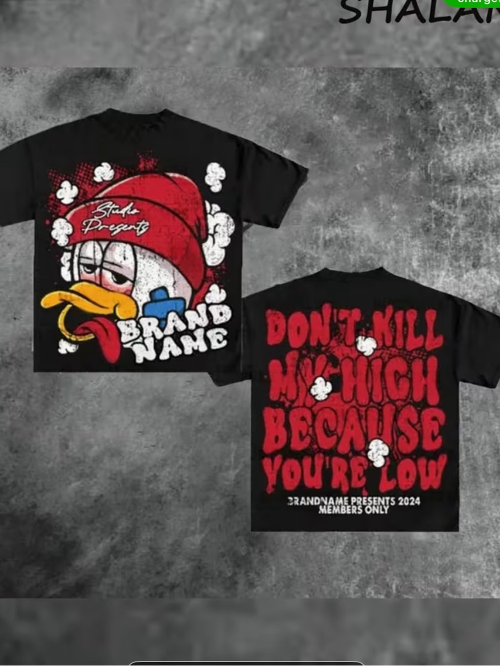 Black Graphic Tee with Red Popcorn Duck Design